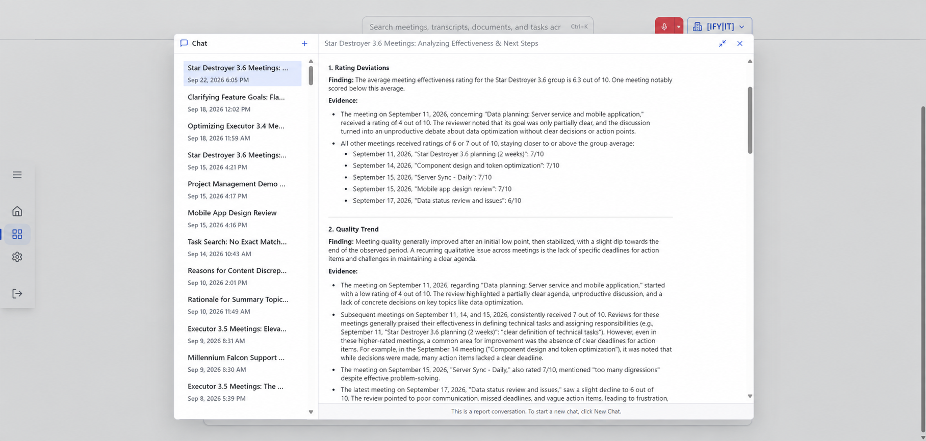 analytical report generated across a meeting group showing which meeting type is trending down
