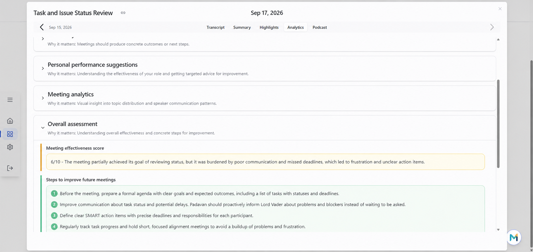 minuteory meeting group thread showing effectiveness scores across a recurring meeting over time