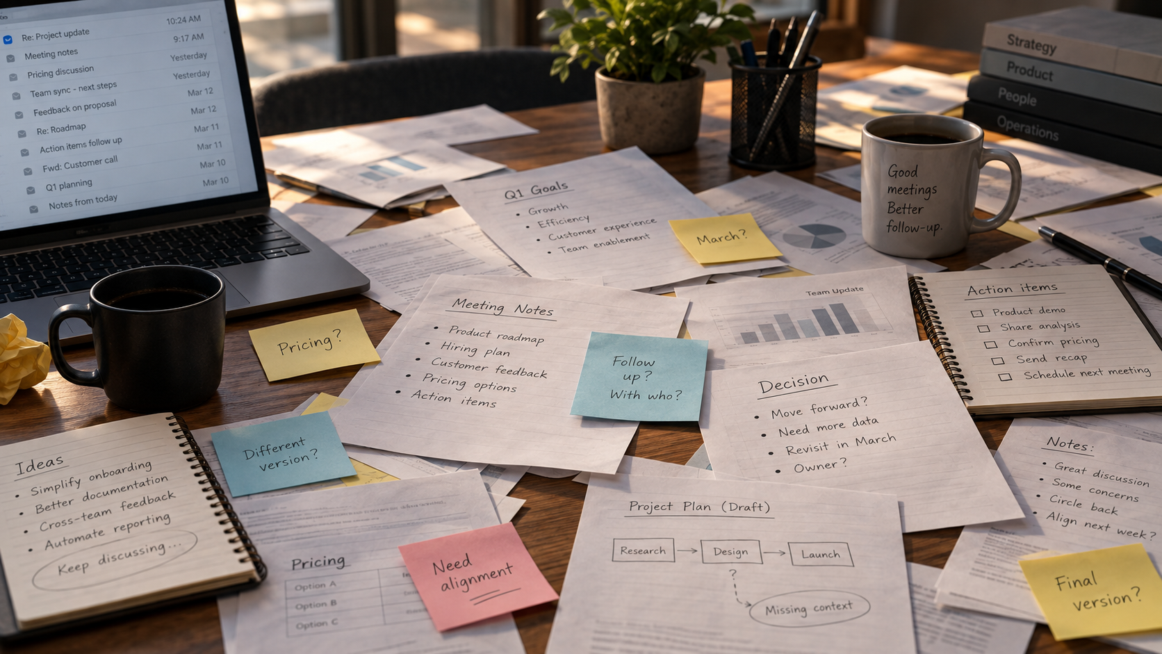 scattered notes and disconnected documents representing failed meeting decision tracking across a growing team