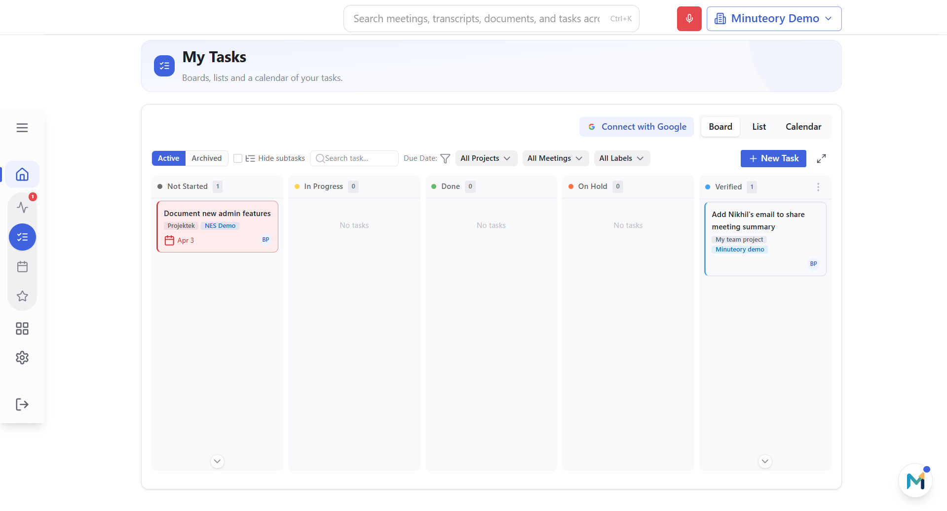 my tasks view showing meeting action items across projects with due dates in red if overdue