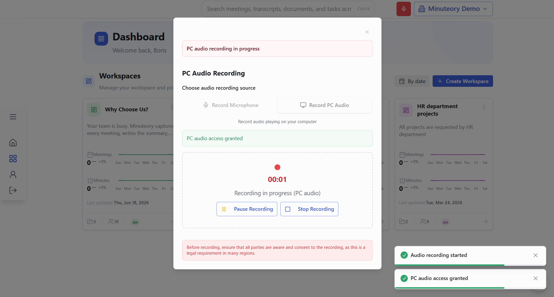 Minuteory PC audio recording in progress inside the dashboard with no bot in the call