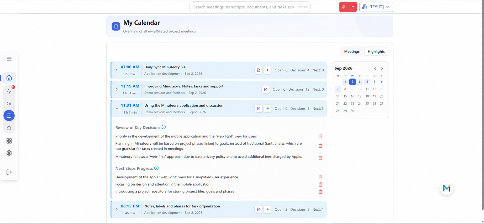 Minuteory meeting decision tracking Highlights view showing key decisions and next steps across connected meetings