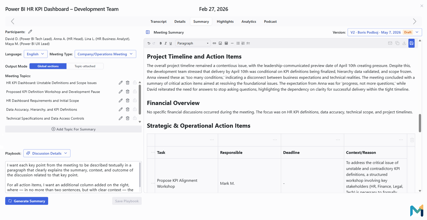 Minuteory Playbook interface showing custom AI meeting summary configuration per meeting type