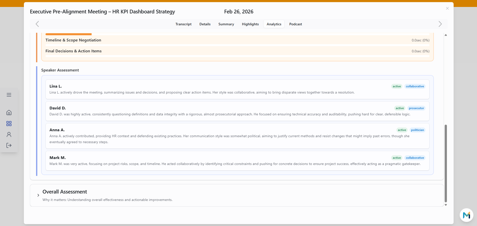 Minuteory Speaker Assessment showing per-participant communication style and meeting participation analytics