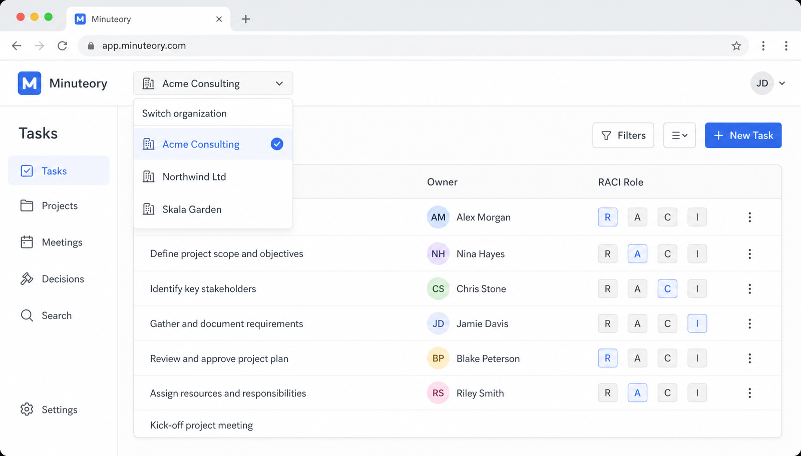 minuteory organization switcher showing separate client organizations with tasks and RACI owners